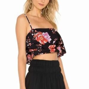 NWT Tularosa Cullen Flutter Crop Top Black Pink Floral Ruffle Revolve Size S